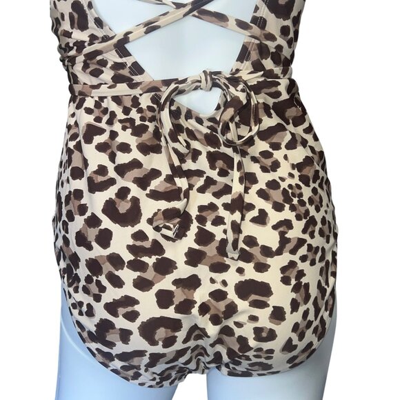 Kona Sol Womens Swimsuit One-Piece Leopard Print Crisscross Straps Brown M(8-10) - Picture 6 of 10